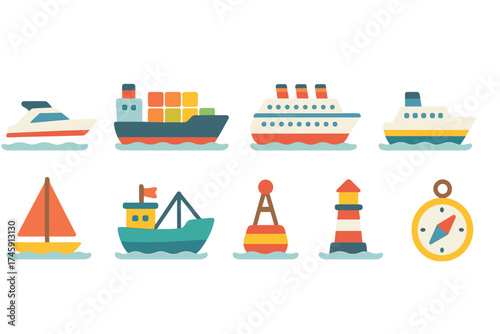Maritime adventure flat icon set. nautical transport, sailing, sea journey collection