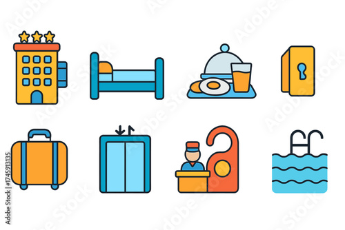 Hotel and hospitality flat icon set. accommodation, travel, and service icons collection