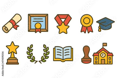 Education and achievement icon set. school, award, graduation icons in filled style