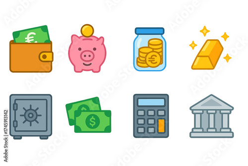 Finance and banking flat icon set. money, investment, savings, and currency icons pack.