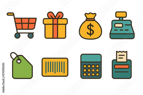 Shopping and e-commerce icon set. flat retail, cart, sale, money icons collection.
