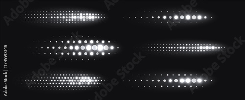 Silver halftone shapes, glowing dynamic elements made from sparkling dots. Glowing vector illustration with spray effect.