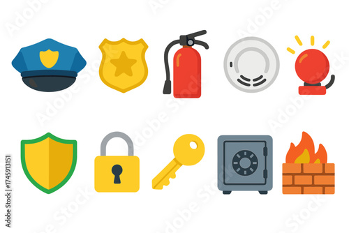 Security and safety flat icon set. protection icons for safety measures.