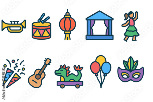 Festival and celebration outline icon set for parties, music, and cultural events