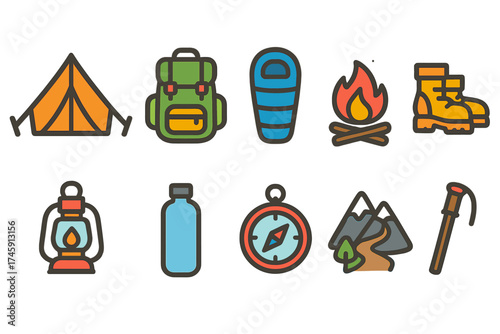 Camping and hiking filled icon set. outdoor adventure, gear, camping icons collection.