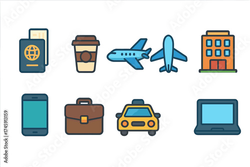 Travel and tourism flat icon set. vacation essentials and transport in a flat design.