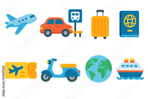 Travel and tourism flat icon set for vacation and transportation themes
