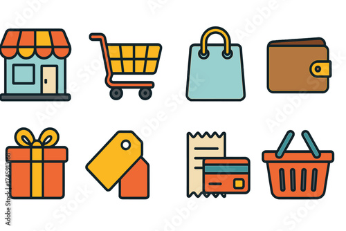Shopping and e-commerce icon set: flat style for retail and business needs