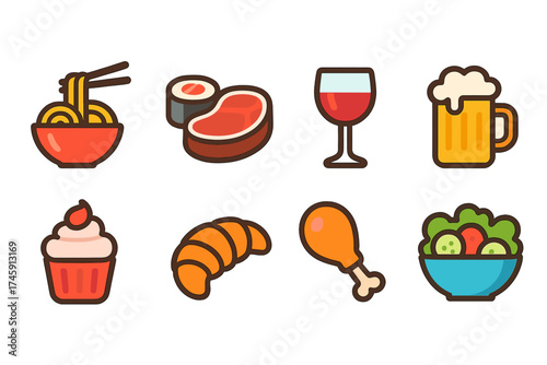 Food and drink filled icon set. culinary, dining, beverage, and snack icons collection.