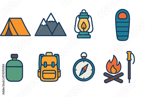 Camping and adventure icon set. outdoor, hiking, nature, camping flat icons collection
