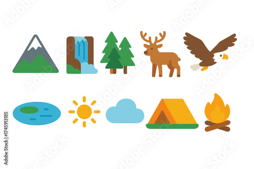Nature and wildlife flat icon set. trees, mountains, animals, camping icons collection
