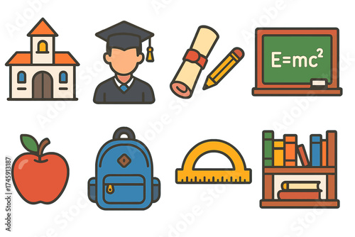 Education, school flat icon set. learning and school tools flat graphic collection