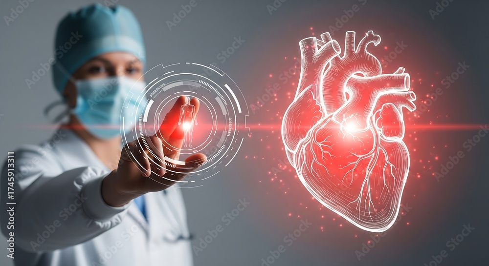 Fototapeta premium Female cardiologist using advanced holographic technology to analyze a digital human heart, representing the future of cardiovascular care and medical innovation