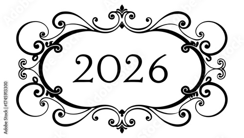 Elegant 2026 year design black ornamental frame scalable vector illustration for royal classification silhouette White background