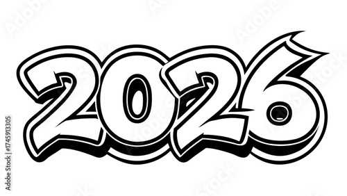 Bold graffiti style 2026 number vector illustration for scalable designs silhouette White background