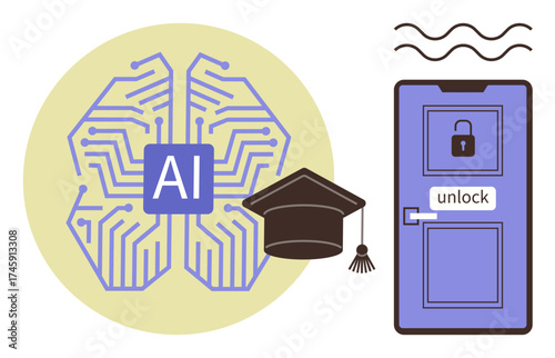 AI chip with circuits, graduation cap, and door with unlock mechanism depict learning, innovation, and opportunity. Ideal for technology, education, access, progress knowledge careers simple flat