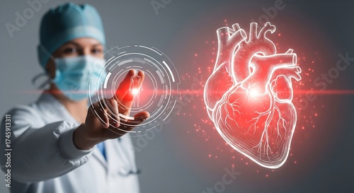 Female cardiologist using advanced holographic technology to analyze a digital human heart, representing the future of cardiovascular care and medical innovation