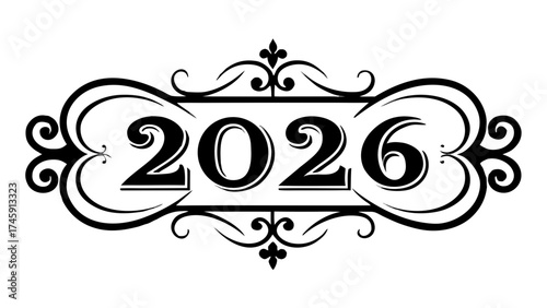 Elegant vintage 2026 year typography logo design vector scalable for celebrations and invitations silhouette White background