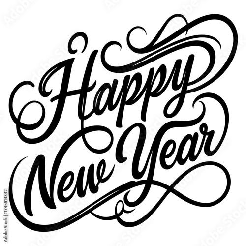 Elegant script happy new year vector illustration with flowing curves for festive greetings silhouette White background