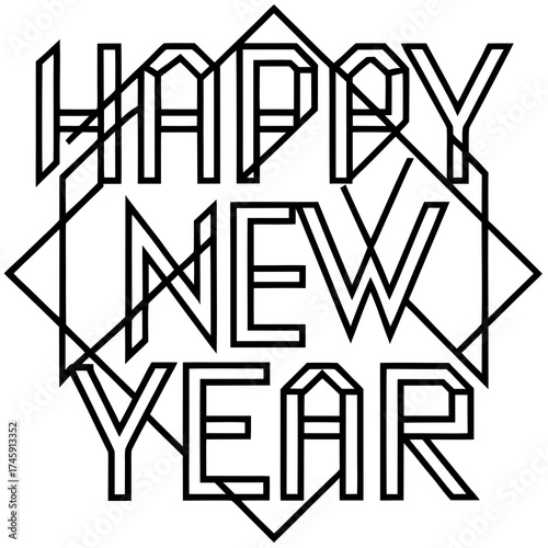 Futuristic geometric typography happy new year vector illustration scalable design template silhouette White background