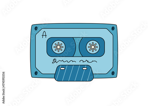 Groovy retro blue cassette cartoon sticker in funky style. Vintage music tape and audio element, y2k vibe and groovy element, fun for trendy nostalgic collections.