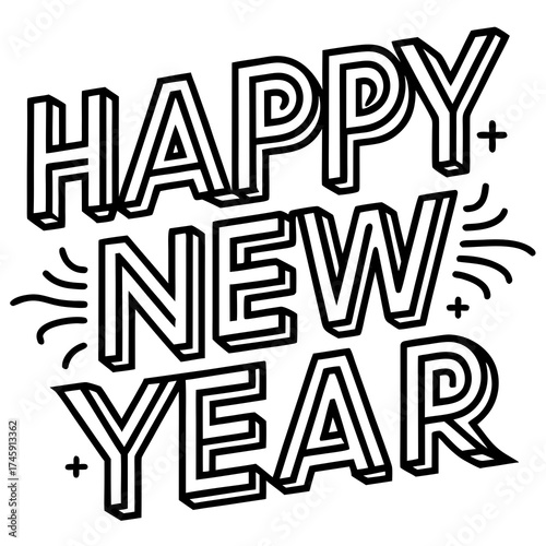 Bold typographic happy new year vector graphic festive greeting illustration for celebrations scalable design element silhouette White background