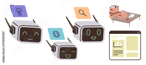 Three AI robots with task icons for creativity, research, and web. Table with files and browser window. Ideal for AI technology, teamwork, automation, research, creativity innovation online tools
