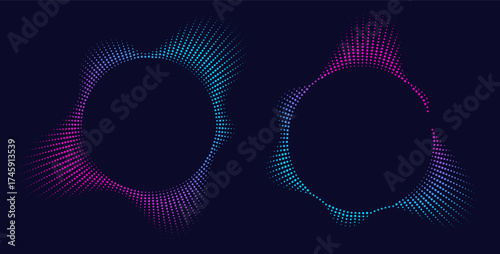 Sound equalizer icons with lines and dots, gradient neon circular sound wave frames, abstract radial music icons. Audio beat symbol concept isolated on dark background. Vector illustration.