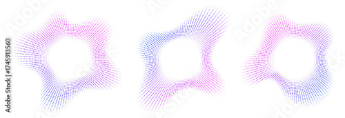 Sound equalizer icons with lines and dots, gradient neon circular sound wave frames, abstract radial music icons. Audio beat symbol concept isolated on white. Vector illustration.