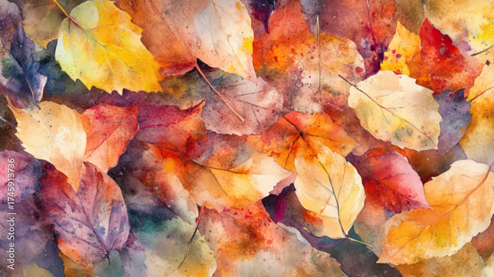 Obraz premium A digital watercolor painting featuring leaves scattered on the ground