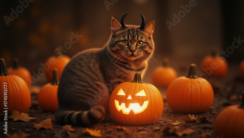 Photograph of a tabby cat with yellow-green eyes, small black horns, and striped fur, sitting on the ground among several carved pumpkins. The central pumpkin has a glowing jack-o'-lantern face with