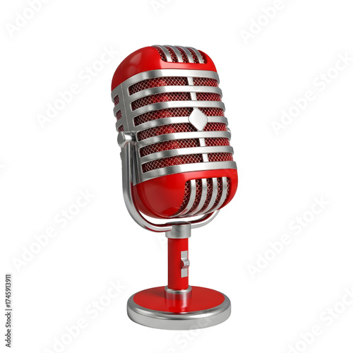 Vintage red microphone icon design in 3D rendering, 3D illustration isolated on white background