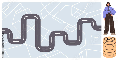 Curvy road on abstract map, stacked coins, figure in trendy attire symbolizing journey, finance, decision-making, or life path. Ideal for navigation, savings, investment or lifestyle concepts