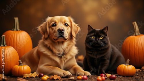 Photograph of a golden retriever and a black cat sitting side by side in front of a blurred, warm brown background. The golden retriever has a fluffy coat, expressive brown eyes, and wears a small,