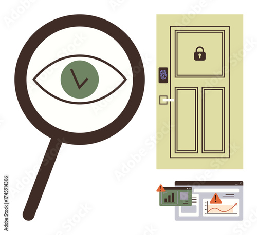 Magnifying glass over an eye, locked door with fingerprint scanner, and web alert windows with graphs show security, data protection, and threat analysis. Ideal for online safety, privacy, secure