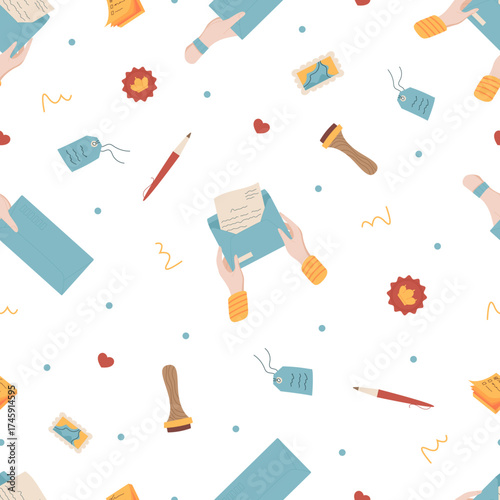 Mail seamless pattern doodle background. Letter, envelope, stamp, post, handwritten pen and message form creative arrangement. Doodle style, seamless layout, perfect background for stationery, paper,