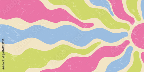Groovy retro sun burst wavy background in funky abstract color with horizontal energy. Sunshine and sun bring bold grunge vibe and y2k style in a dynamic vibrant scene for trendy visuals.
