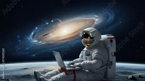 astronaut in white suit sits on desolate lunar surface working on laptop Behind them vibrant spiral galaxy illuminates the star-filled cosmos with faint planetary horizon in view