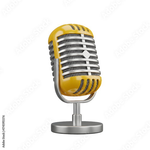 Vintage yellow microphone icon design in 3D rendering, 3D illustration isolated on white background
