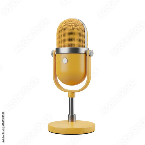 Vintage yellow microphone icon design in 3D rendering, 3D illustration isolated on white background