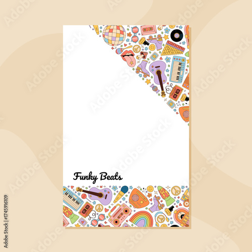 Groovy retro music banner design in a funky and colorful style. This party poster template with cassette, guitar, and microphone brings a vibrant festival background y2k vibes for creative events.
