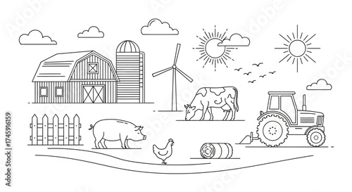 A detailed line art illustration depicting a vibrant farm scene with various elements including a barn, silo, wind turbine, tractor, animals, and hay bale under a sunny sky.