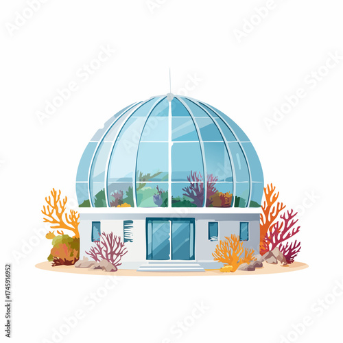 Modern Aquarium Building with Glass Dome and Coral Reef.
