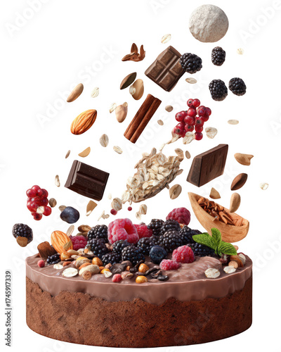 Dynamic explosion of fresh berries nuts and chocolate over a cake.