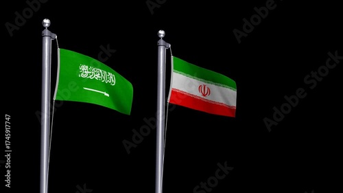 Transparent waving animation of Saudi Arabia and Iran flags symbolizing Middle East peace, diplomacy, and regional negotiations.