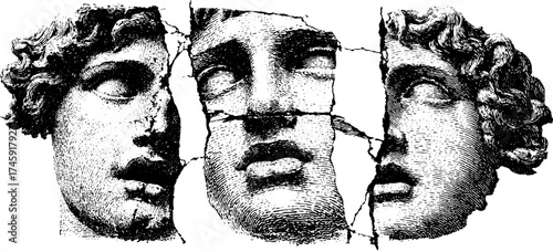 Antique bust fragments with cracked texture and vintage effect for art design