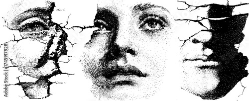 Intricate antique bust fragments with cracks and halftone effect for vintage design