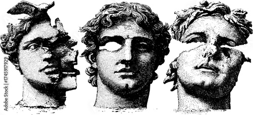 Antique bust fragments with cracks – stipple art for vintage design
