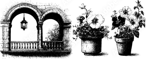 Vintage architectural arch with balcony and floral lantern set for print design
