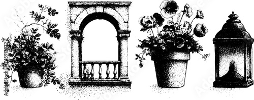 Classic architectural archway, balcony, floral arrangement, and vintage lantern art set
